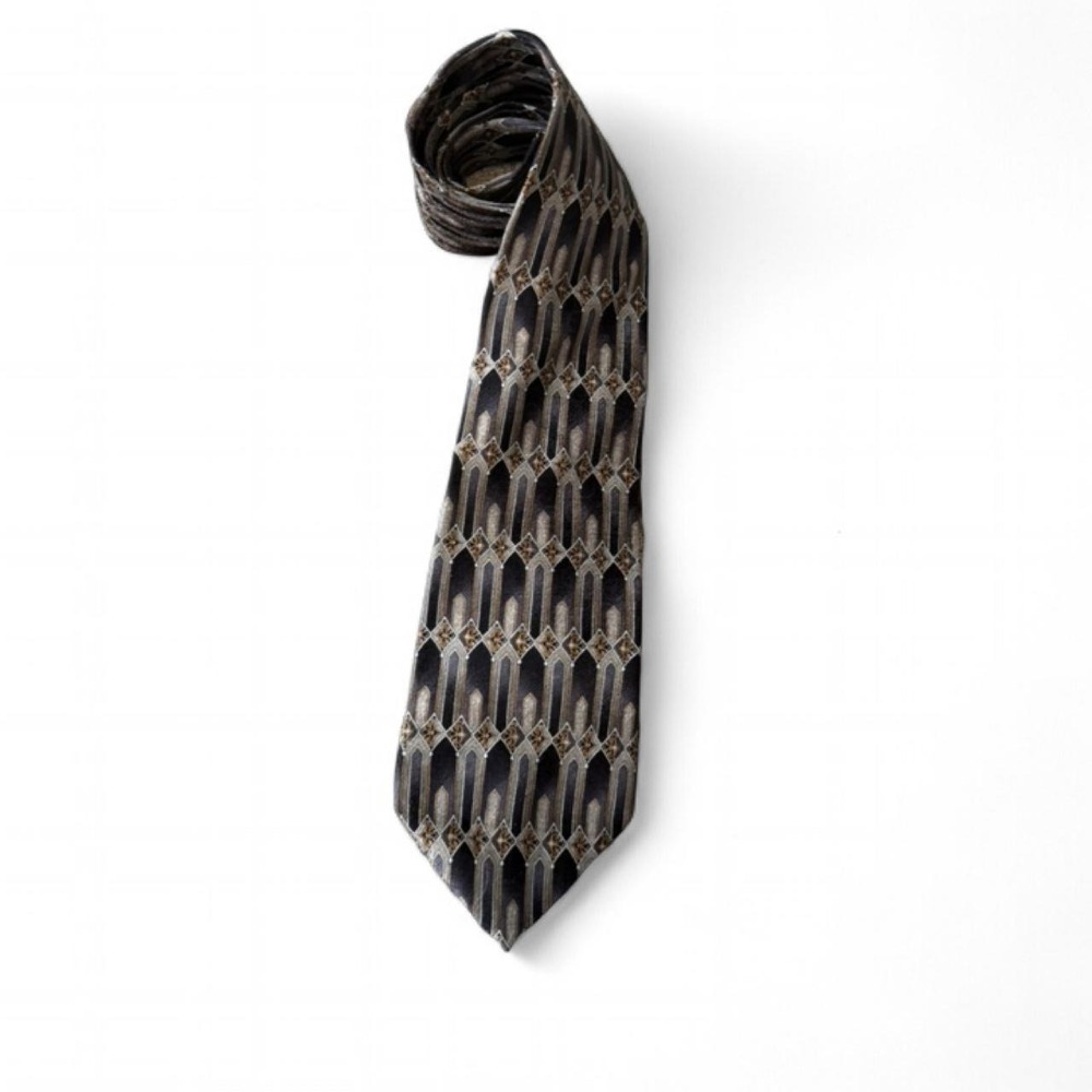 Vintage 90s‎ Stafford Executive Black, Gray, & Gold Art Deco Silk Tie